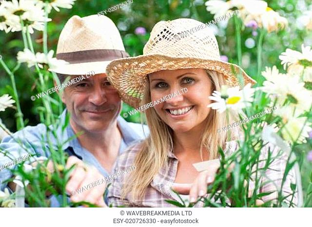 Smiling couple wearing hats looking through daisies in the garden