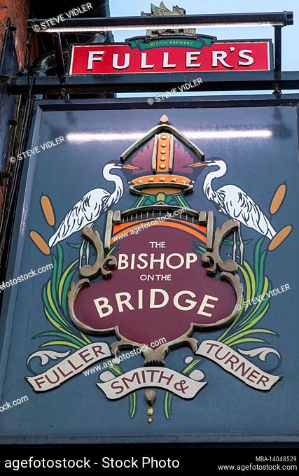 england, hampshire, winchester, the bishop on the bridge pub sign