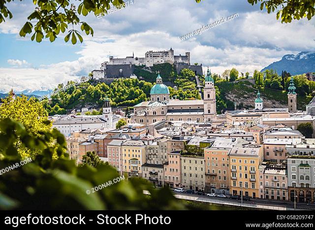 Salzburg historic district in spring, green leaves and sunshine, Austria