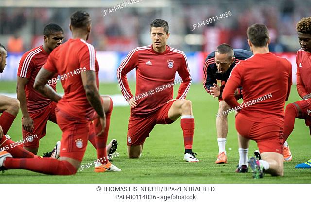 Bayern Munich's Robert Lewandowski seen during warming up prior to the UEFA Champions League semi final soccer match FC Bayern Munich vs Atletico Madrid in...