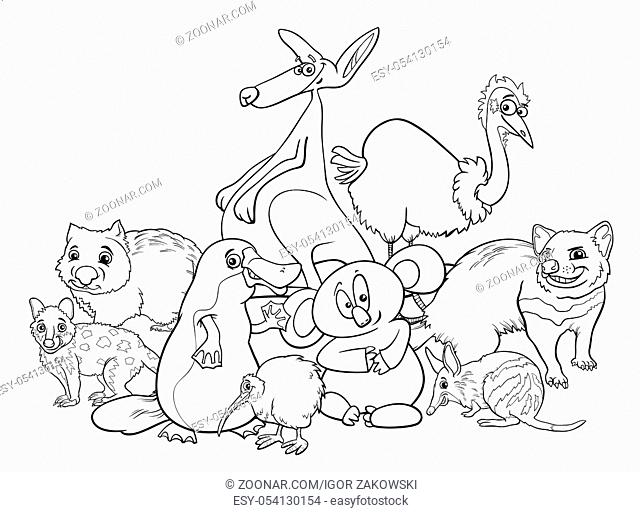 Black and White Cartoon Illustrations of Australian Animal Characters Group Coloring Book