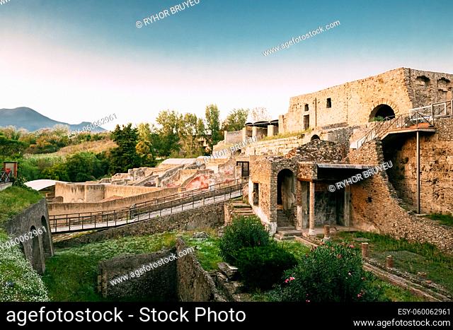 Pompeii, Italy. View From Porta Marina Showing Cliffs On City Edge And Suburban Baths