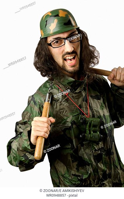 Funny soldier with nunchaku