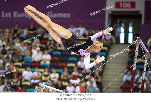 Germany's Elisabeth Seitz competes in the womens's final and Individual Qualification at the National Gymnastics Arena in Baku, Azerbaijan, 14 June 2015