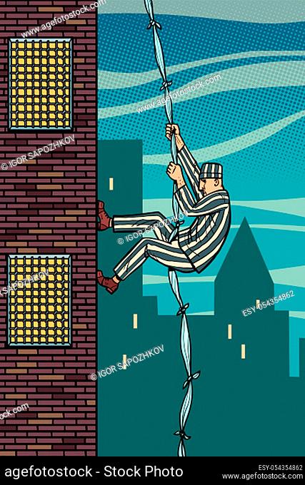 A prisoner escapes from prison. The descent from the heights of related sheets. Jailbreak. Comic cartoon pop art retro illustration hand drawing