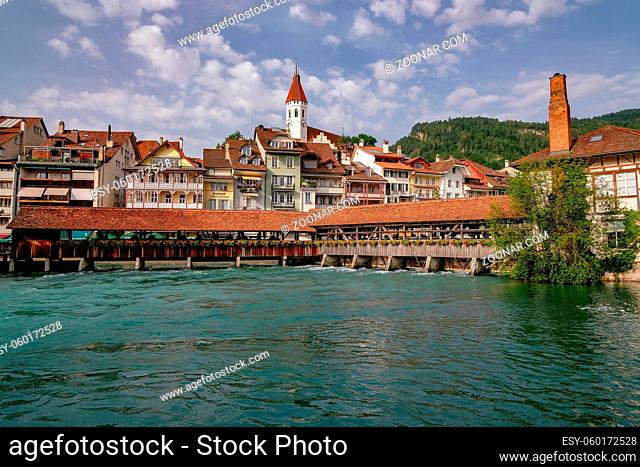Panorama View - Thun, Switzerland. Cityscape, beautiful Buildings in the old town riverfront, Aare river