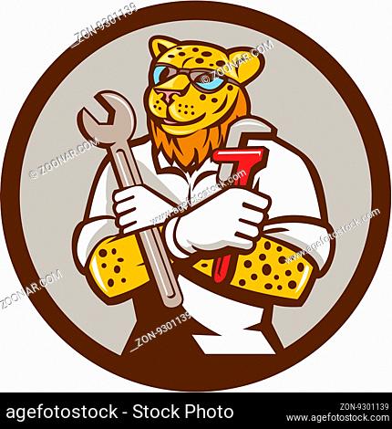 `Illustration of a leopard mechanic holding spanner and monkey wrench with arms crossed viewed from front set inside circle on isolated background done in...