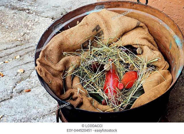 Typical italian folklore tomato sauce preparation celebrating Virgin Mary August holiday. Santo Stefano. Cammino dei Briganti