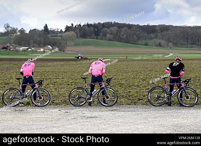 EF Education First Pro Cycling riders pictured in action during a training session on the track of the Ronde van Vlaanderen cycling race, Friday 02 April 2021