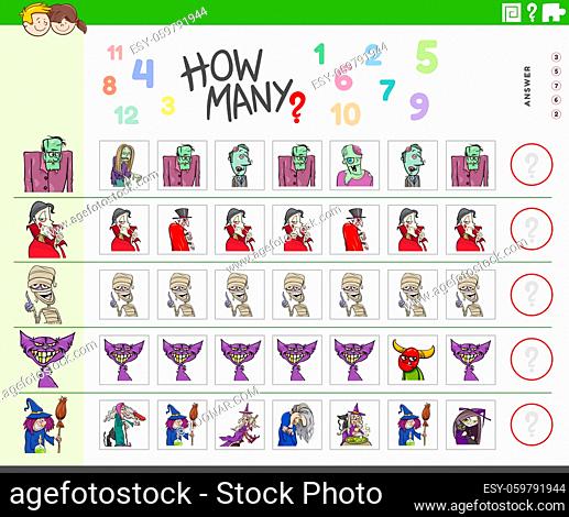 Illustration of educational counting game for kids with cartoon spooky Halloween characters