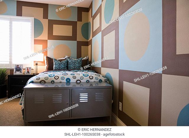 Geometric patterns on wall in bedroom
