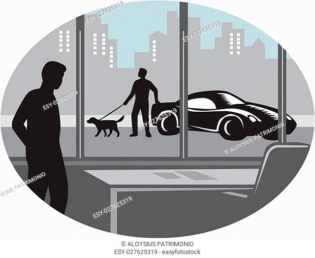 Illustratin of a man from inside an office looking through a window and seeing a person standing next to an exotic car with a well-groomed dog on a leash set...