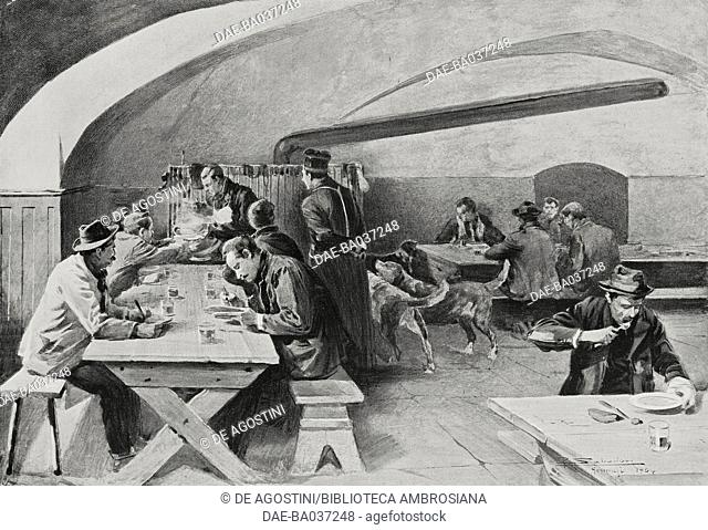 Patients' canteen in the Great Saint Bernard hospice, Italy, drawing by Riccardo Salvadori, from L'Illustrazione Italiana, Year XXXI, No 5, January 31, 1904
