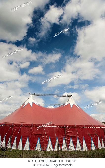 The Big Kid travelling circus red coloured big top tent, visiting Aberystwyth Wales UK