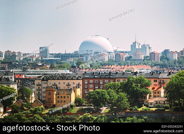 Stockholm, Sweden. Ericsson Globe In Summer Skyline. It's Currently The Largest Hemispherical Building In The World, Used For Major Concerts, Sport Events