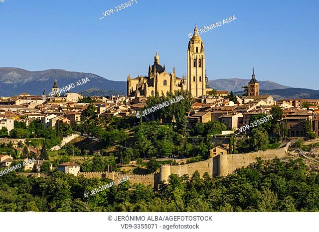 Landscape. Panoramic view cathedral and Segovia city. Castilla León, Spain Europe