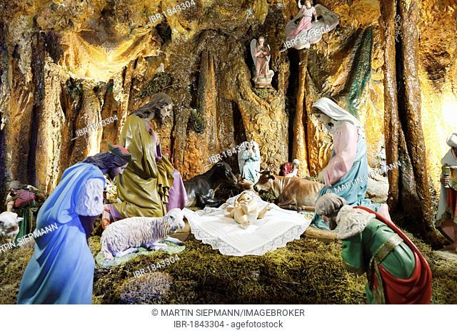 Nativity scene in the Santuari de Nostra Senyora de Cura Monastery, Puig de Randa, Randa, Majorca, Balearic Islands, Spain, Europe