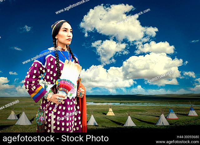 USA, Montana, Crow woman Lakisha Flores at Blackfeet Tipi camp in Browning Montana, Camp of Darrel Norman