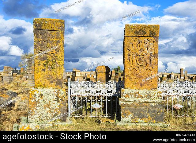 Medieval Khachkars carved memorial stele, Noratus cemetery, Lake Sevan, Gegharkunik province, Armenia, Caucasus, Middle East, Asia