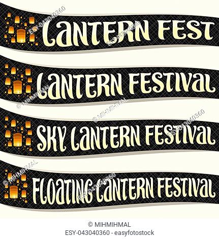 Vector set of ribbons for Sky Lantern Festival, many flying paper balloons with burning candles in evening sky, original brush typeface for words of different...