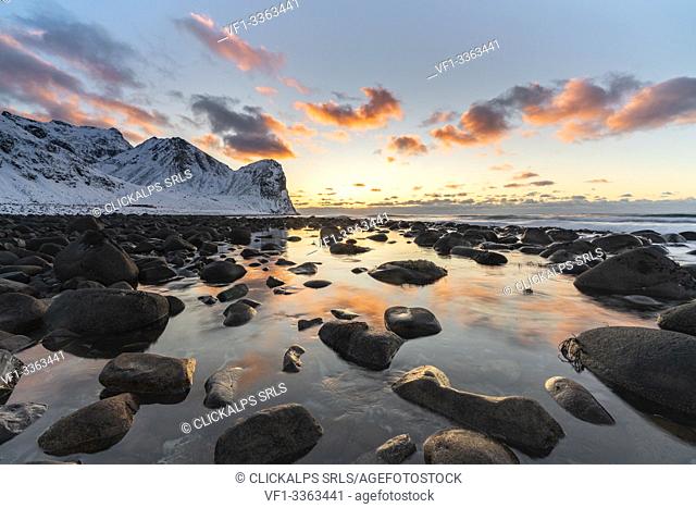 Sunset at Unstad Beach in winter. Vestvagoy municipality, Nordland county, Northern Norway, Norway