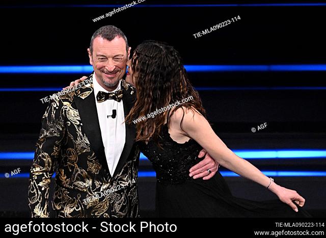 Amadeus, Giovanna Civitillo  on stage at the Ariston theater during the Sanremo Italian Song Festival, in Sanremo, Italy, 08 February 2023