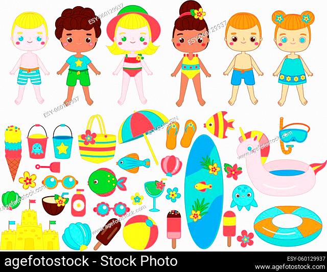 Big set of cartoon summer girls and boys and beach accessories. Ice cream, diving mask, cocktail, bucket and other summertime break objects