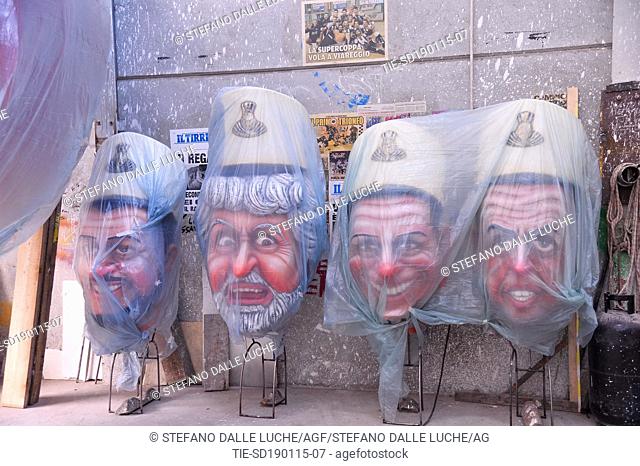 Building of the floats for Carnival Parade of Viareggio, the caricatures of Leader of Lega Nord Matteo Salvini, Leader of Movimento 5 Stelle Beppe Grillo