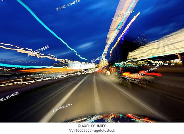 Road traffic, blurred lights, light traces, light art, dynamic, colorful, evening, Hamburg, Germany, Europe