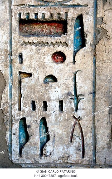 Medinet Habu, Luxor, Egypt, Djamet, mortuary temple of King Ramses III, XX dyn. 1185 -1078 B.C:colorful hieroglyphs