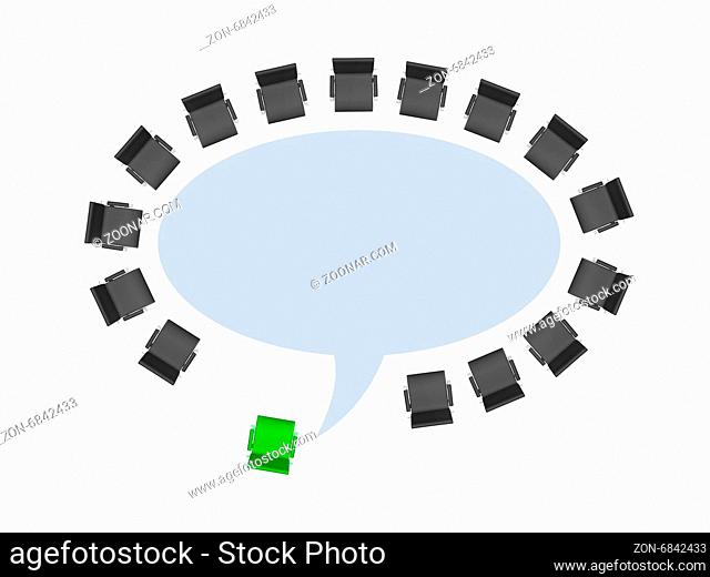 Office chairs around speech bubble table and standing out concept, isolated on white background
