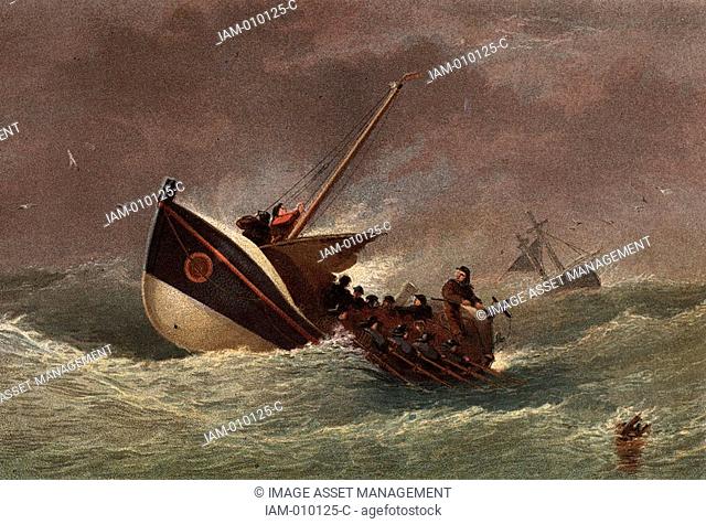 Lifeboat in the livery of the Royal National Lifeboat Institution in heavy seas returning from a rescue mission  Founded in 1824 by William Hillary 1771-1847 as...