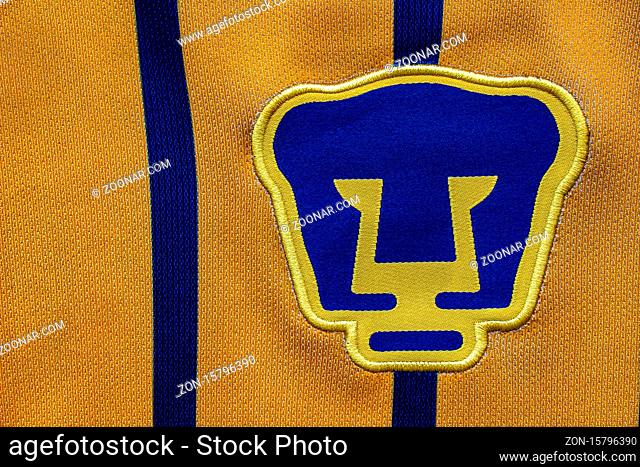 Calgary, Alberta, Canada. July 10, 2020. Pumas UNAM Football Soccer close up to their logo on a jersey