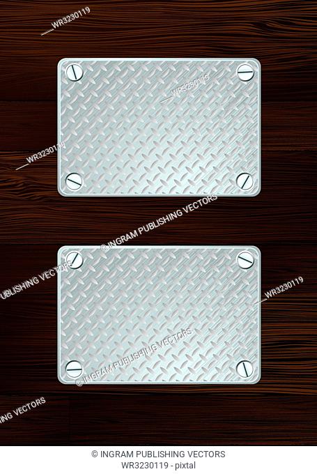 Two silver anti slip metal plate with screw with wooden wall
