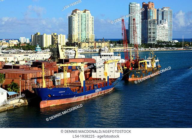 Miami Skyline and Shipping Port from departing cruise ship Florida FL US