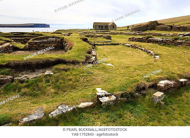 Birsay, Orkney Mainland, Scotland, UK, Great Britain, Europe  Remains of Norse houses in a settlement excavated on the Brough of Birsay