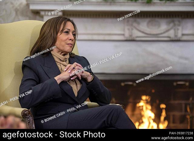 United States Vice President Kamala Harris looks on during a meeting with President Joe Biden and members of the Congressional Black Caucus in the Oval Office...