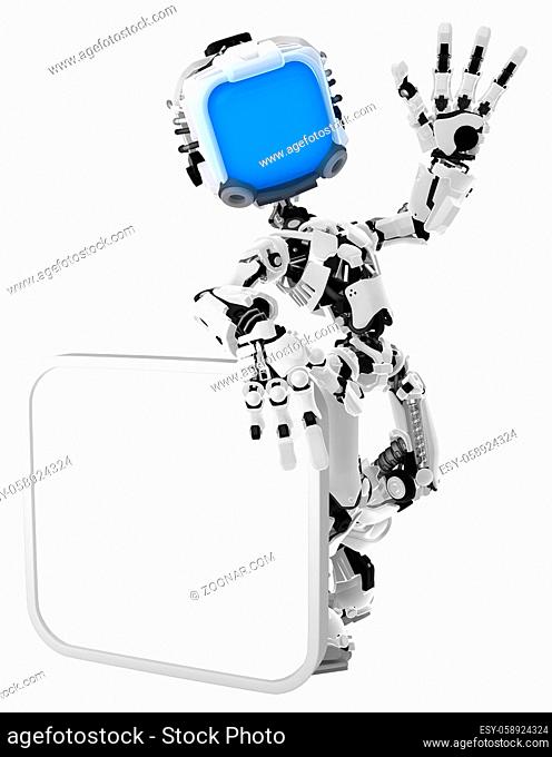 Screen robot figure character pose with square sign, 3d illustration, vertical, isolated