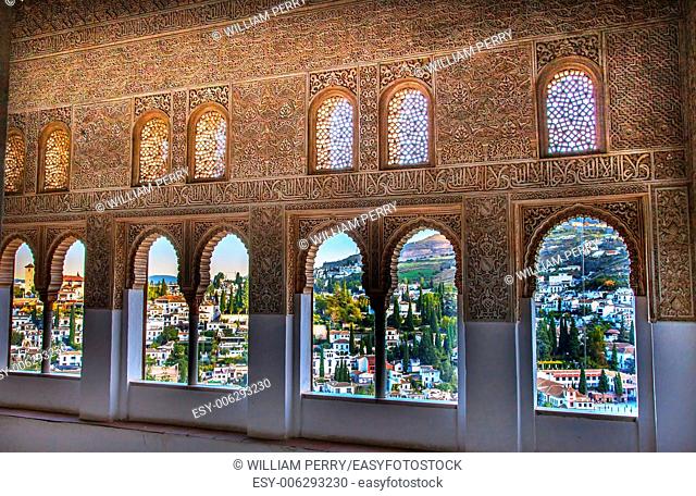 Alhambra Moorish Wall Windows Patterns Designs City View Granada Andalusia Spain
