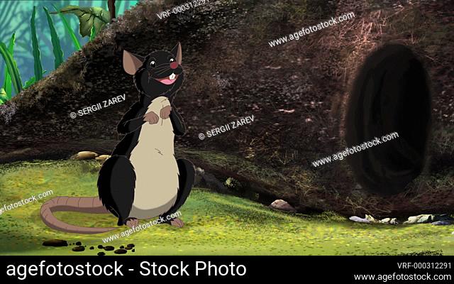 A large black rat sits by a hole and waves its paw affably. Handmade animation, looped motion graphic