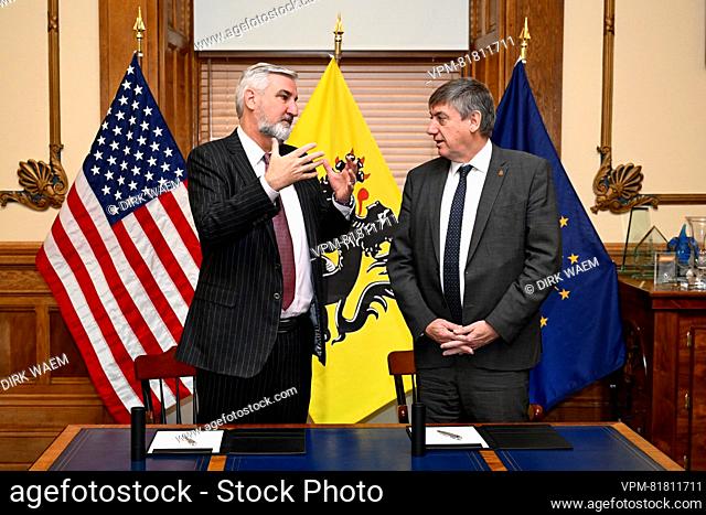 Indiana Governor Eric Holcomb and Flemish Minister President Jan Jambon pictured signing an MOU in the marge of a trade mission of the Flemish government to...