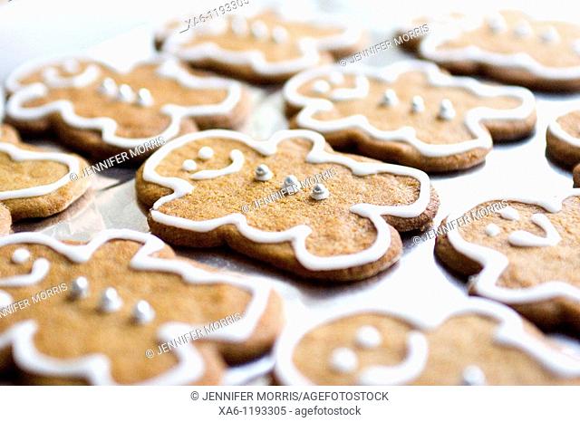 A tray of decorated home baked gingerbread men cookies