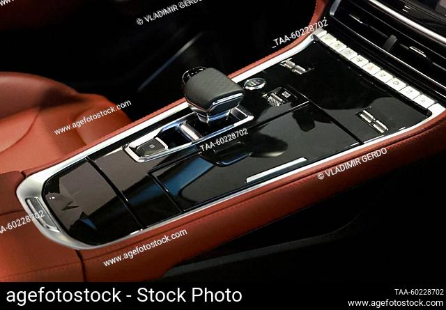 RUSSIA, MOSCOW - JULY 3, 2023: The gear box in a Changan car manufactured by the Chinese car maker Changan Automobile on display at the Changan Major Auto car...