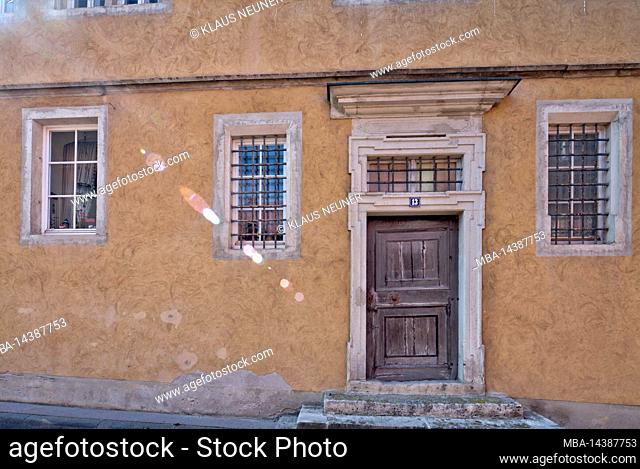 front door, window, barred, house front, village view, autumn, Ochsenfurt, Franconia, Bavaria, Germany, Europe