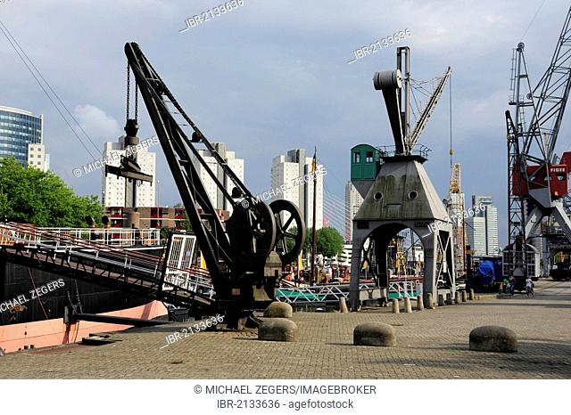 Cranes in Leuvehaven harbour, part of the Maritime Museum, Central Rotterdam, Holland, Nederland, the Netherlands, Europe