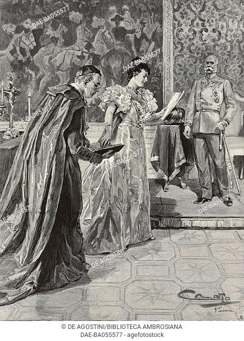 The marriage of Loius Philippe Robert, Duke of Orleans, and of the Archduchess Maria Dorotea of Habsburg-Lorraine, the Archduchess reading the act of renouncing...