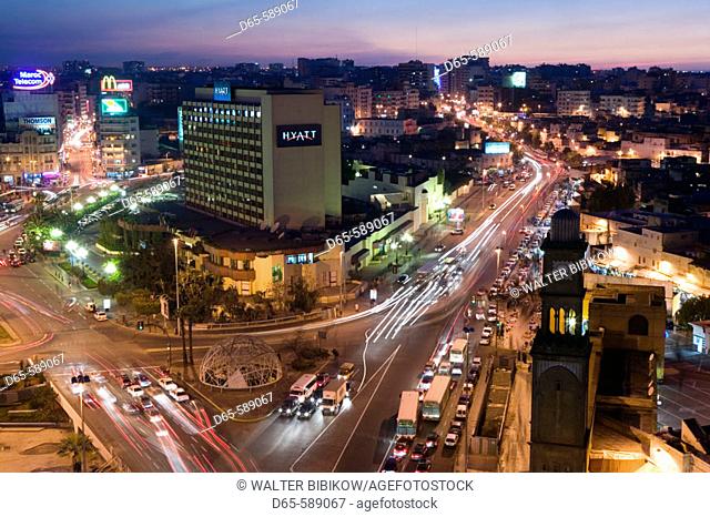 Morocco-Casablanca: Place des Nations Unies-Aerial View of Hyatt Hotel & Ancienne Medina Clock Tower / Evening