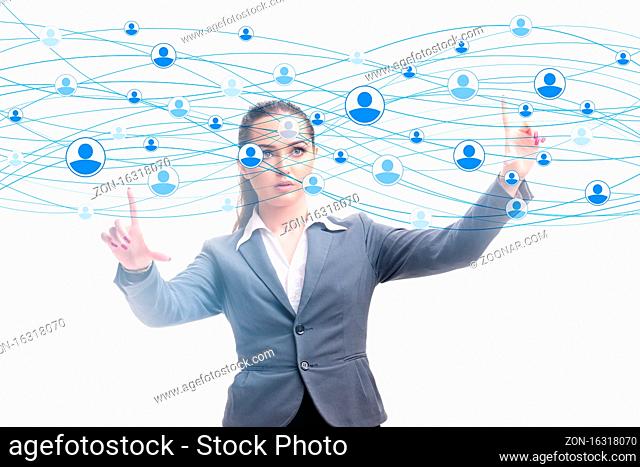 Woman pressing virtual button on the social network concept