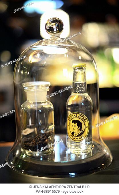 A tonic water by Thomas Henry stands on the counter at the new G&T Bar on Friedrichstraße 113 in Berlin, Germany, 15 April 2013