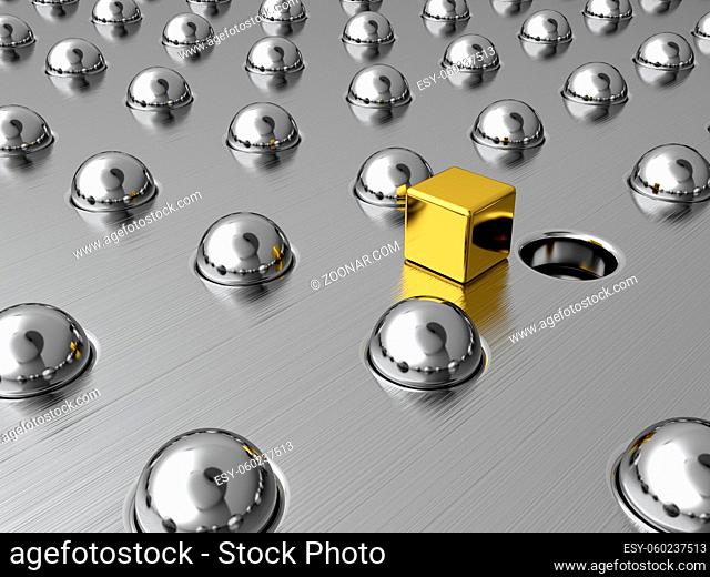 Gold cube among silver spheres. Symbol of uniqueness